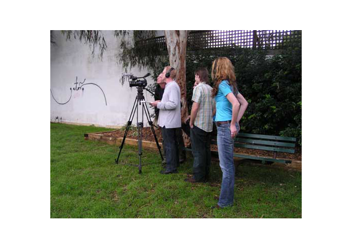 Behind the Scenes - Peter, Greg, Ben (hiden) Jared and Cat watching the playback